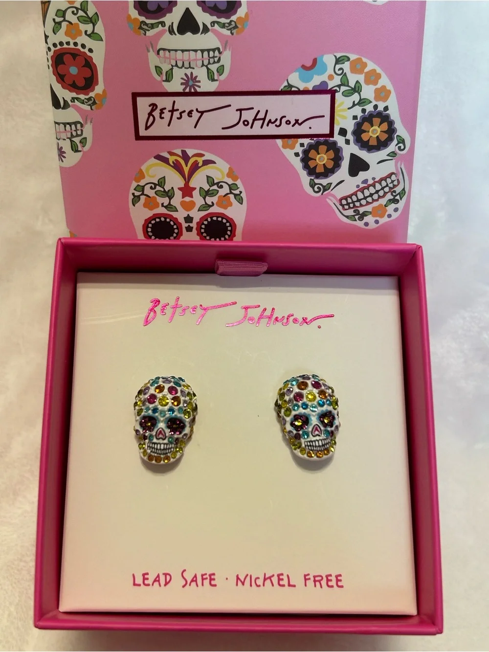 Betsey Johnson White Sugar Skull Crystal Stud Earrings NWT